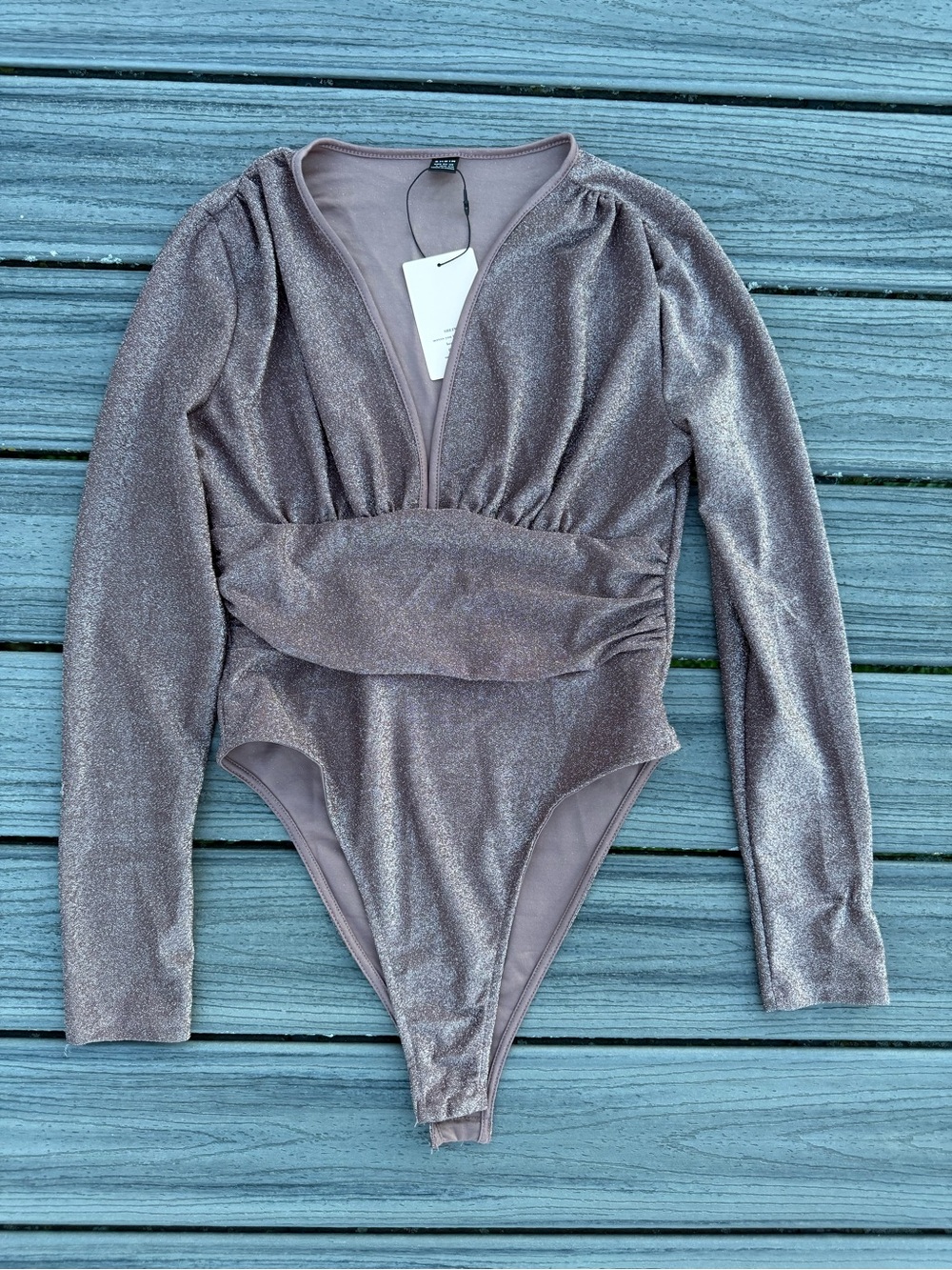 SHEIN Sparkle Mauve Long-Sleeve One-Piece Bodysuit